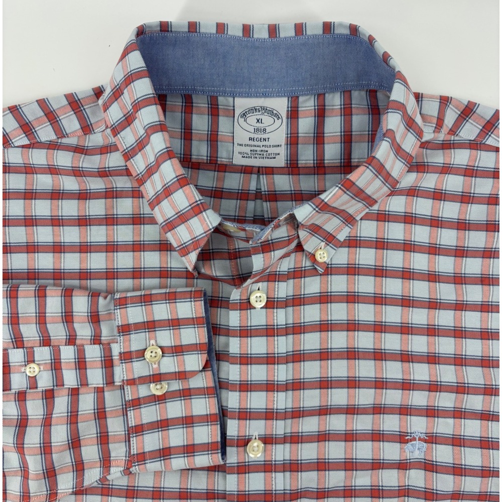 Brooks Brothers Button Down Shirt Men's XL Regent Fit Red Blue Plaid Non-Iron